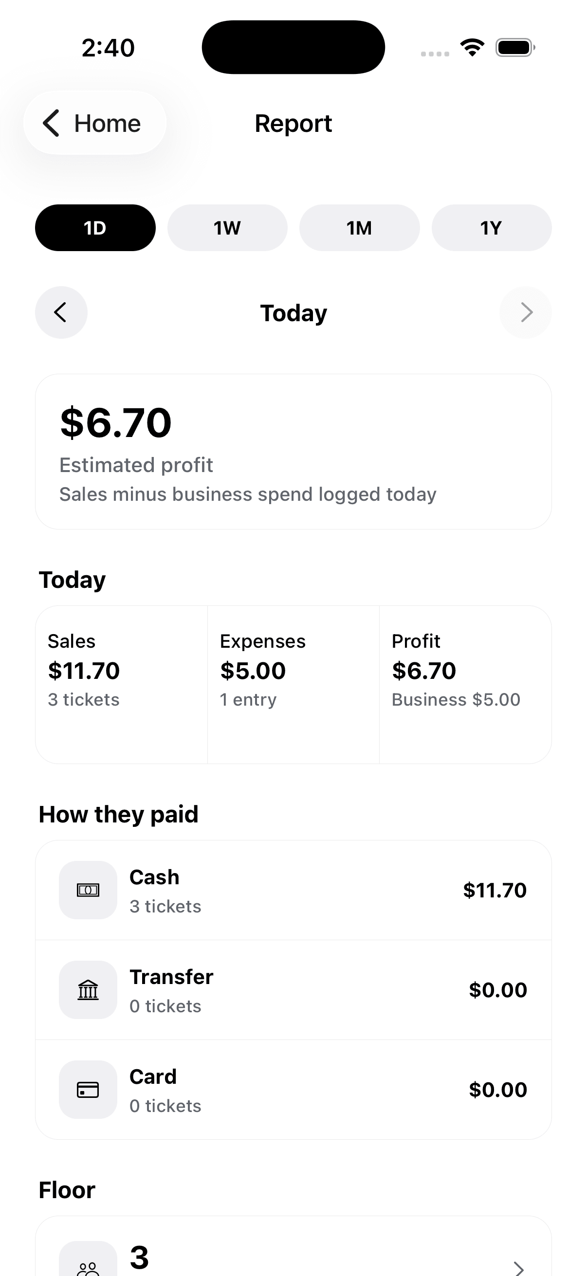 Vemmo report screen showing today’s sales, expenses, and estimated profit